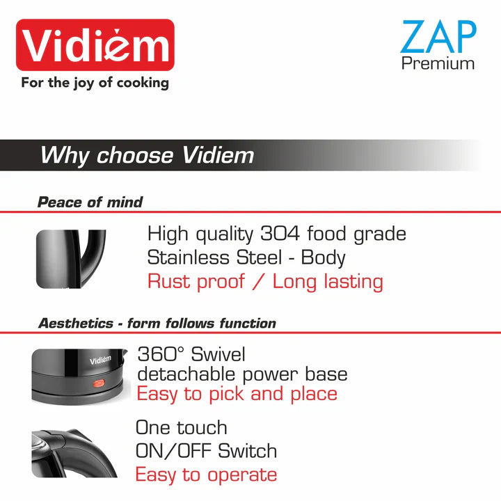 Vidiem Electric Kettle 1.8 Ltr 1000W- ZAP PREMIUM