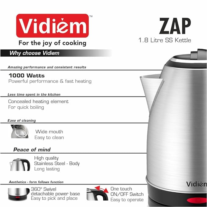 Vidiem Electric Kettle 1.8 Ltr 1000W- SS ZAP